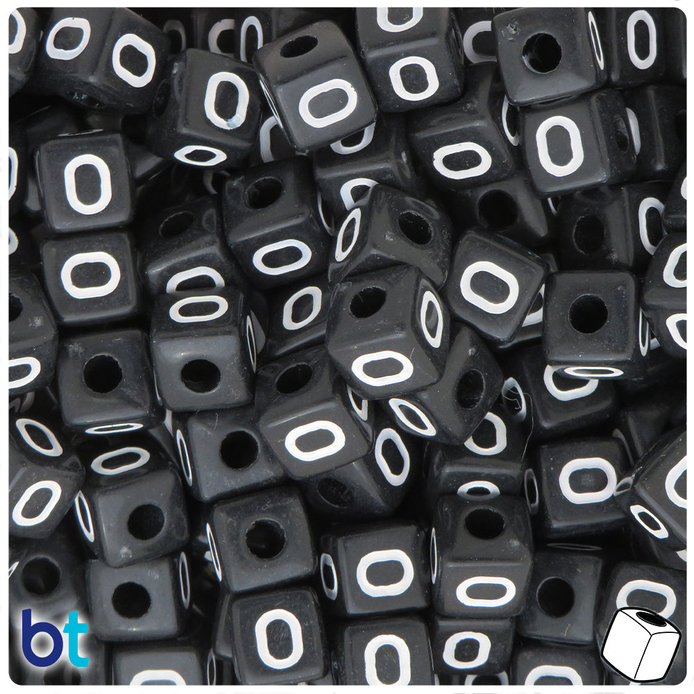 Black Opaque 10mm Cube Alpha Beads - White Letter O (20pcs)